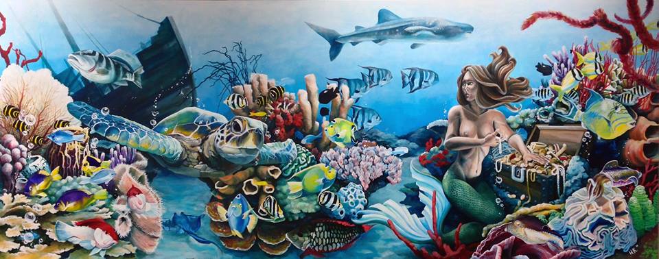 Reef Landscape — acrylic painting of an underwater reef with sea life and a mermaid.