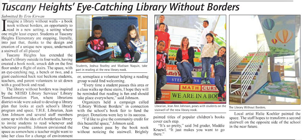 Newspaper clipping about the Library Without Borders reading nook mural.