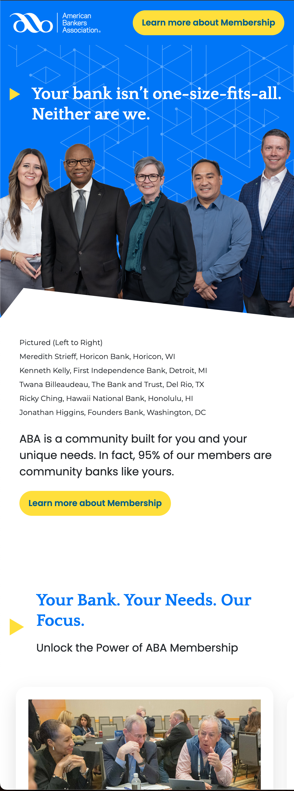 Mobile view of the ABA landing page showing the stacked hero, member credits, supporting copy, and the 'Your Bank. Your Needs. Our Focus.' section.