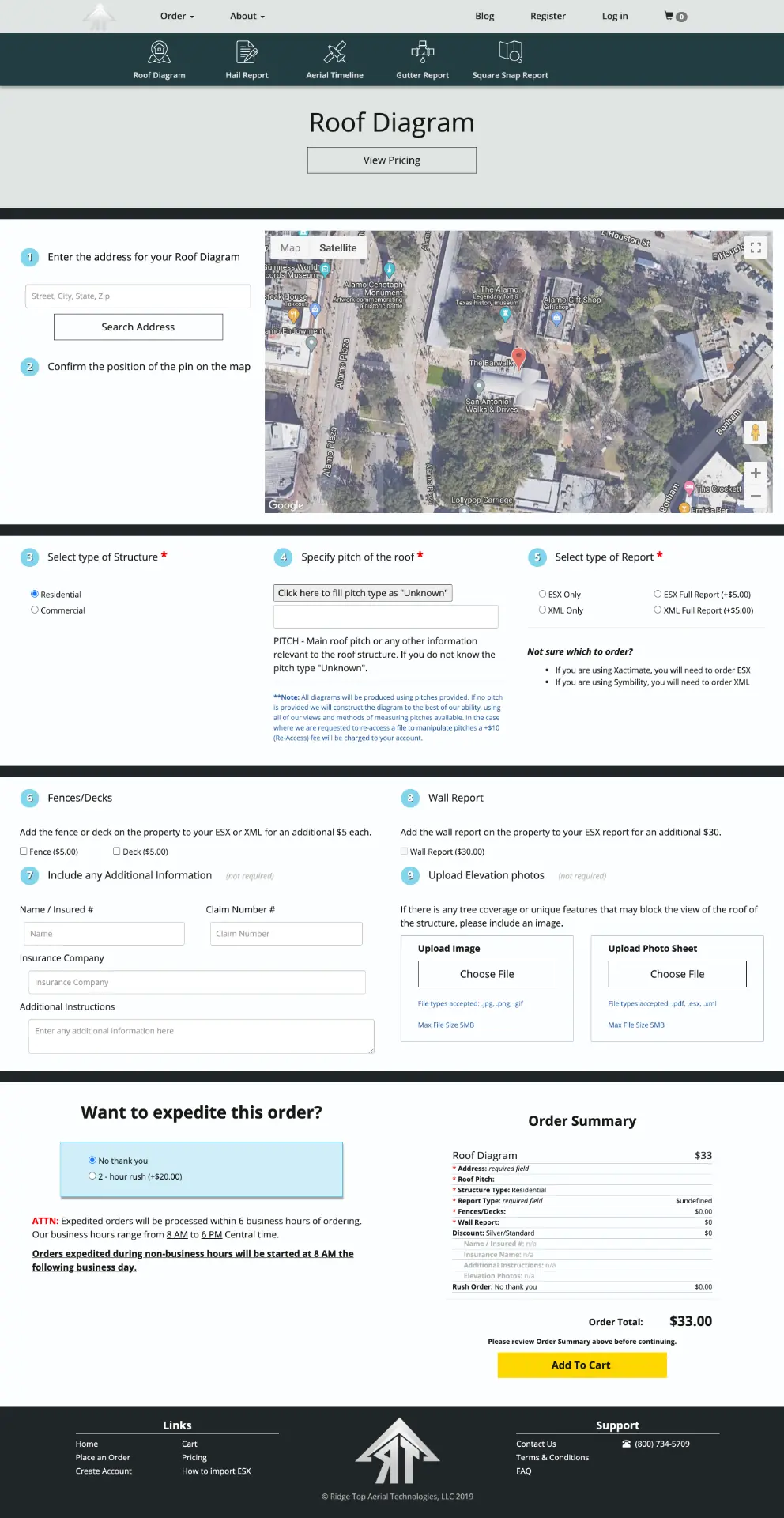 RidgeTop Aerial Technologies Roof Diagram ordering form showing address search, Google Map pin placement, structure and pitch selection, report options, and an itemized order summary.