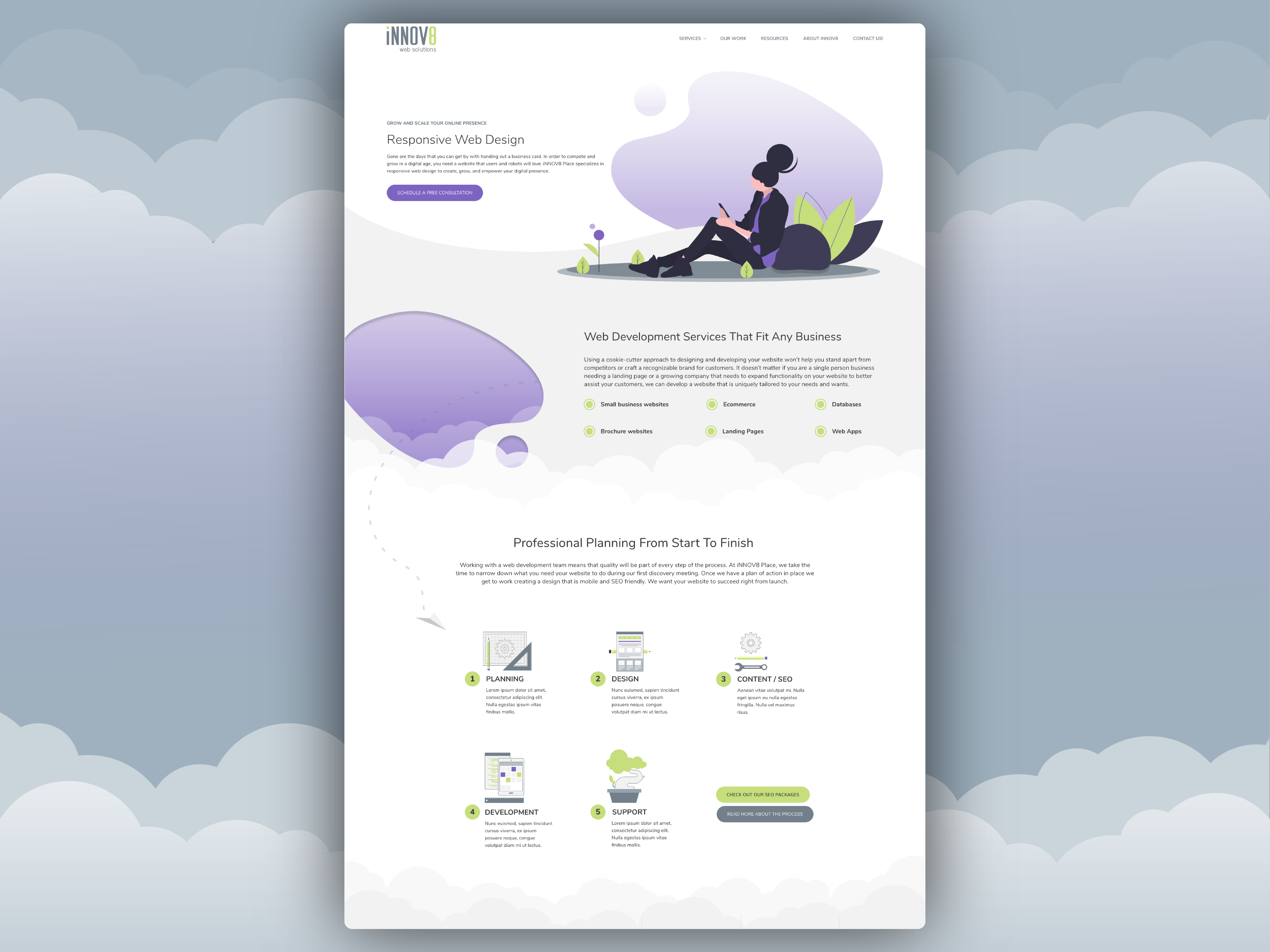 iNNOV8 Web Solutions landing page design with a purple illustration of a seated person, a services checklist, and a numbered five-step process section.