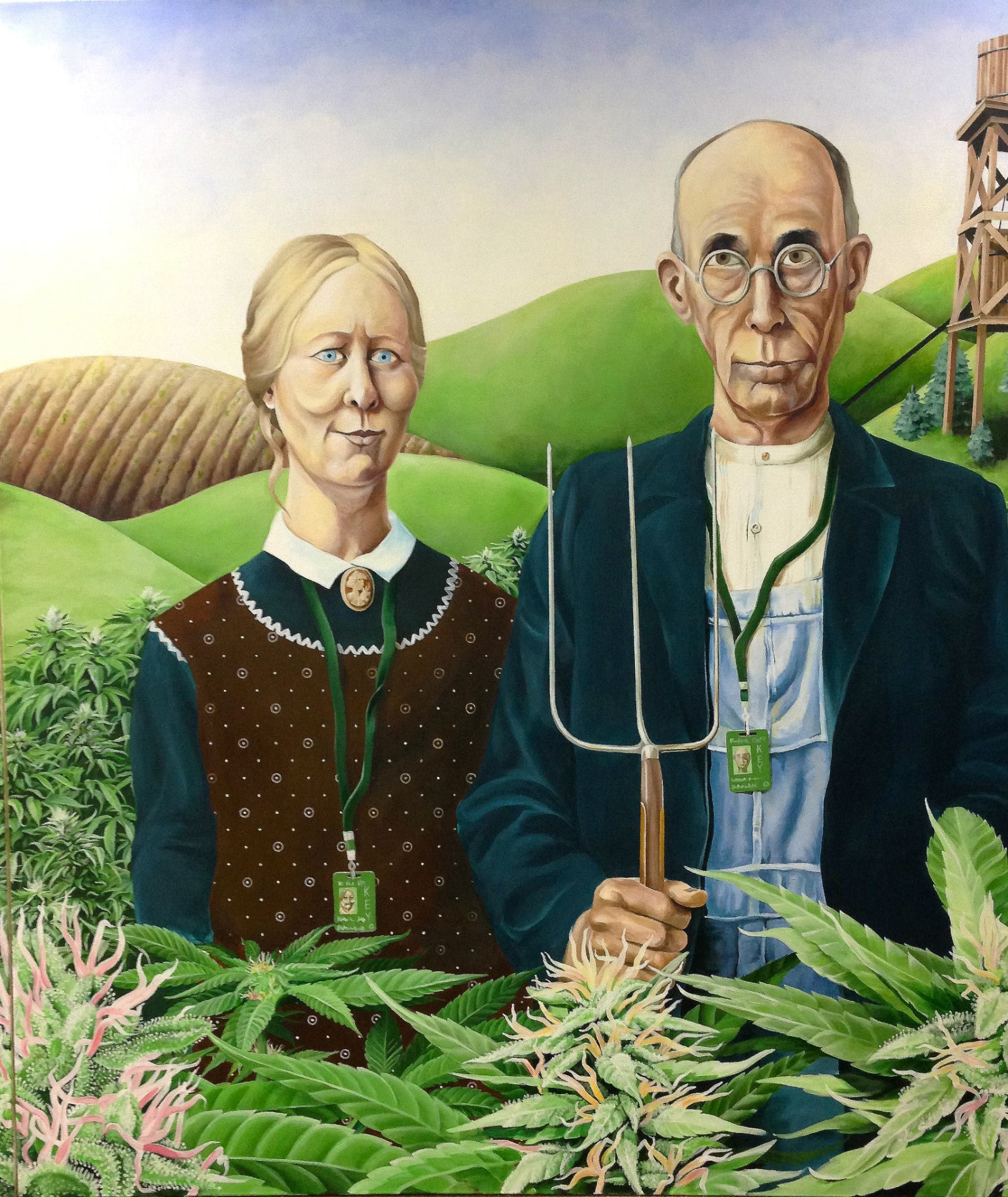 Right panel: painted farm couple standing in a cannabis field.