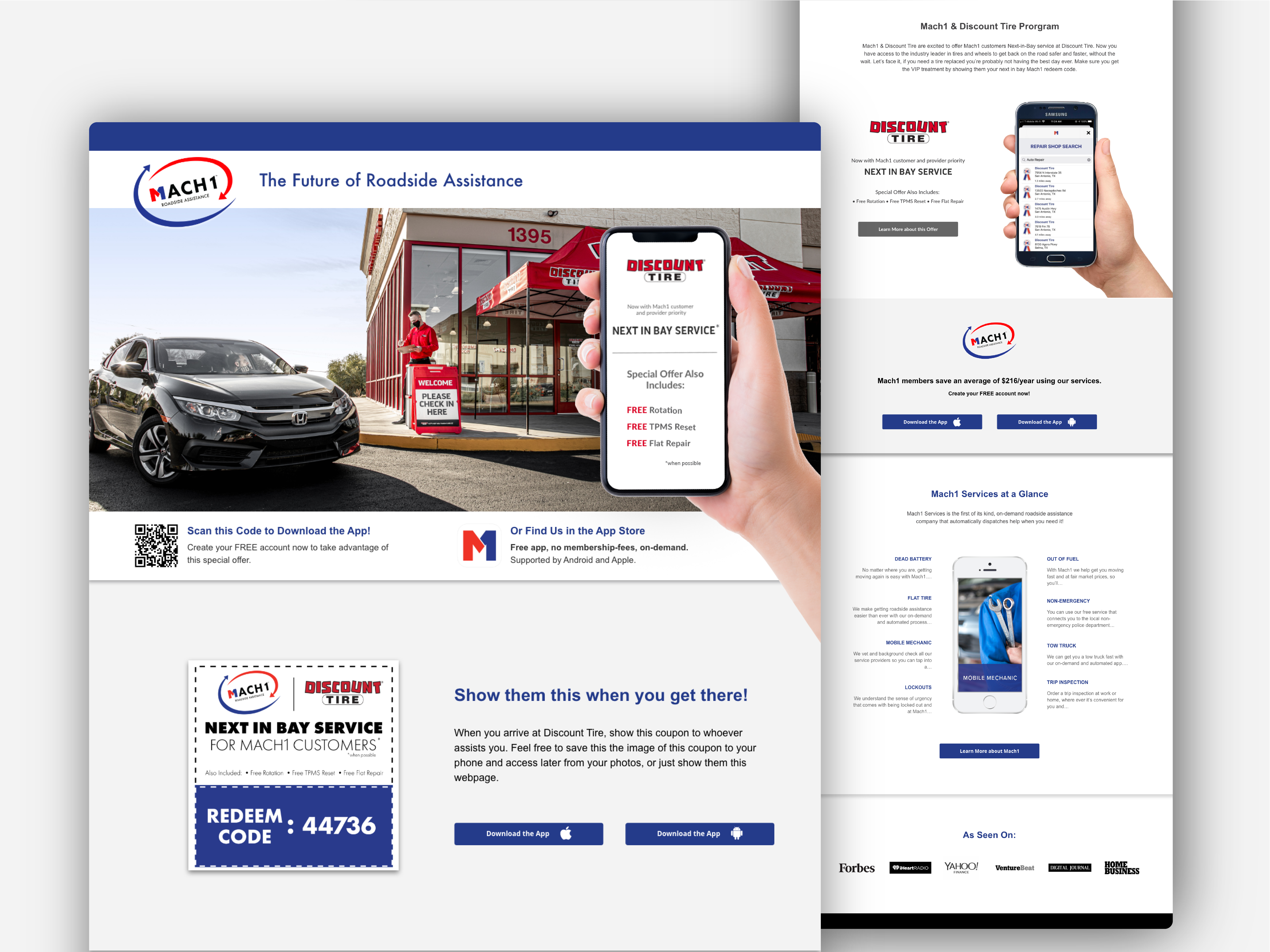 Two Mach1 campaign pages: a landing page with a car at a Discount Tire store and a phone showing the next-in-bay offer, plus a partnership overview page.