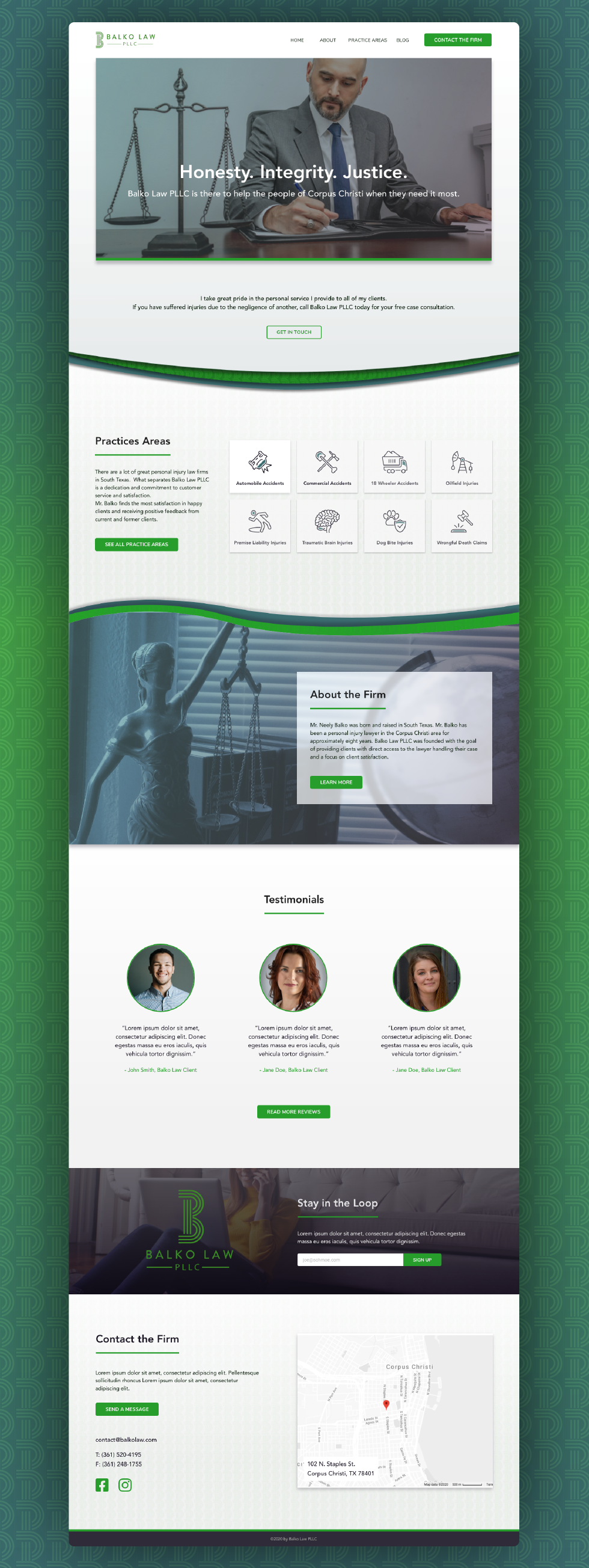 Balko Law PLLC home page design presented on a patterned green background.