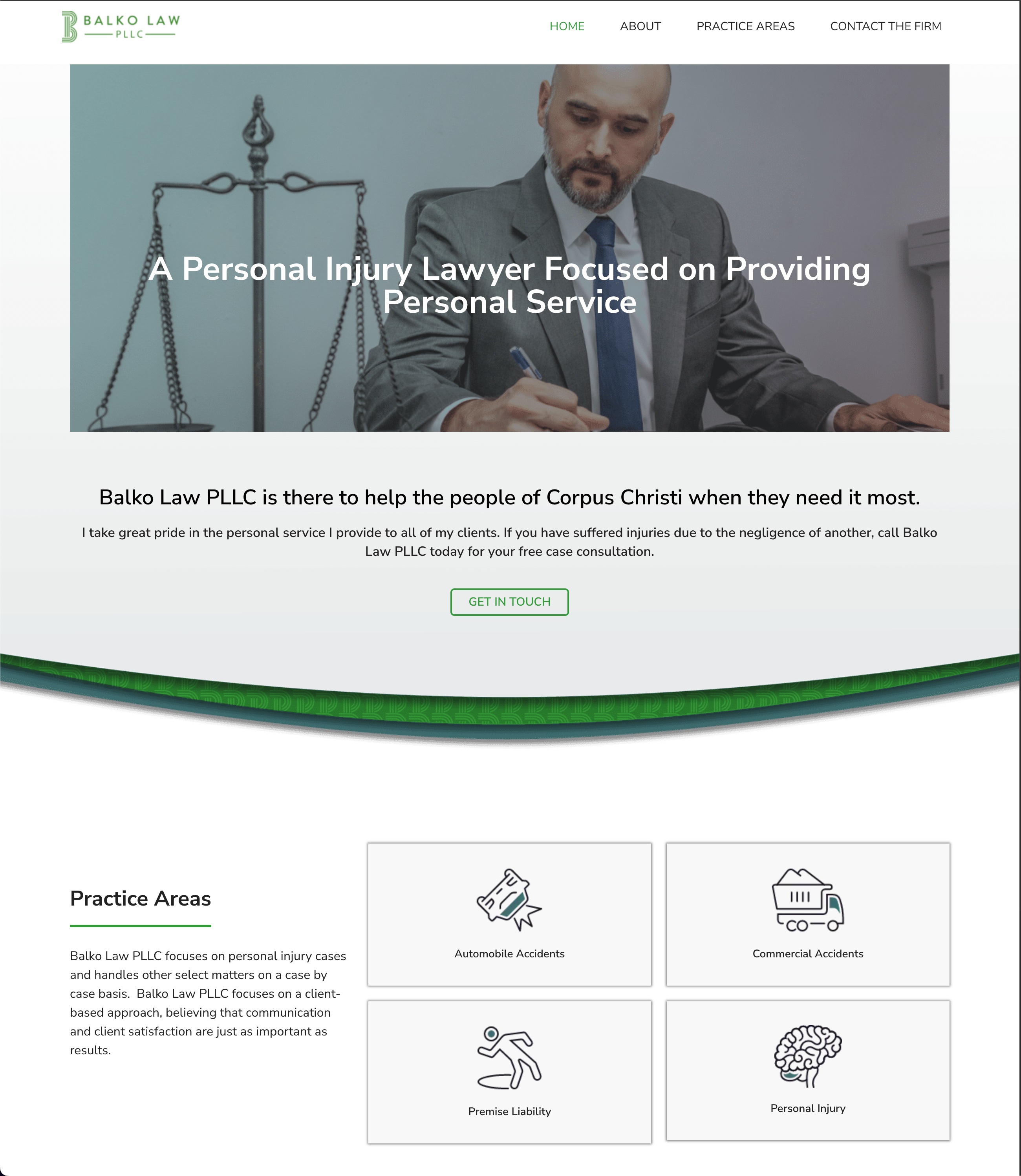 Balko Law PLLC hero detail with the headline 'A Personal Injury Lawyer Focused on Providing Personal Service'.