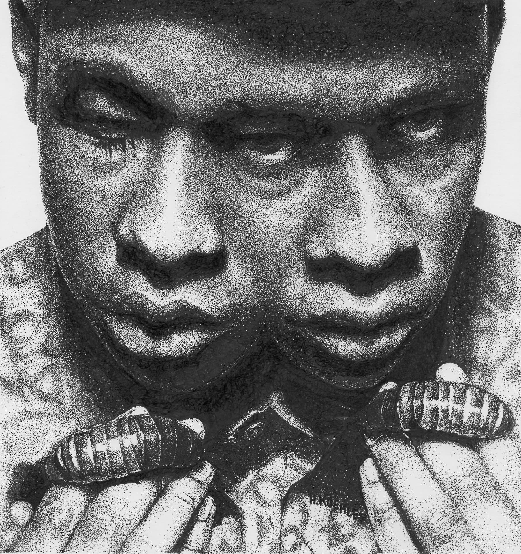 Mirrored ink portrait with two faces and wrapped hands.
