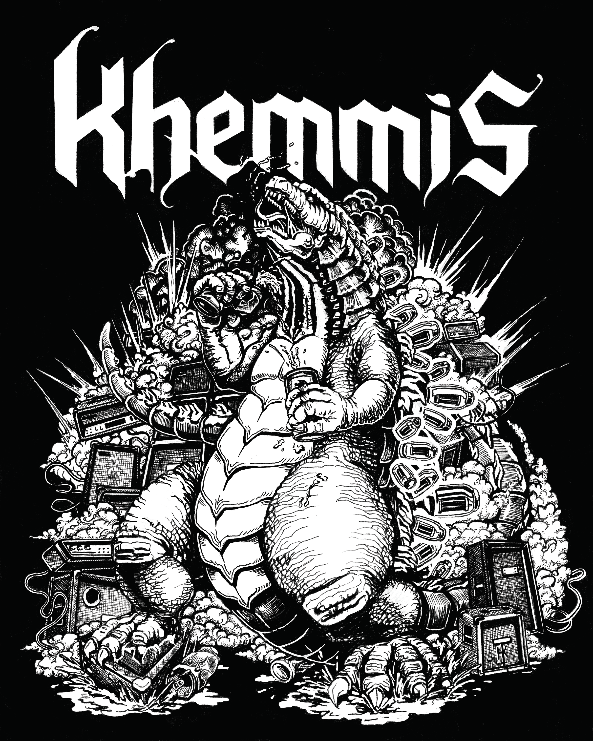 Khemzilla ink artwork created for band merchandise.