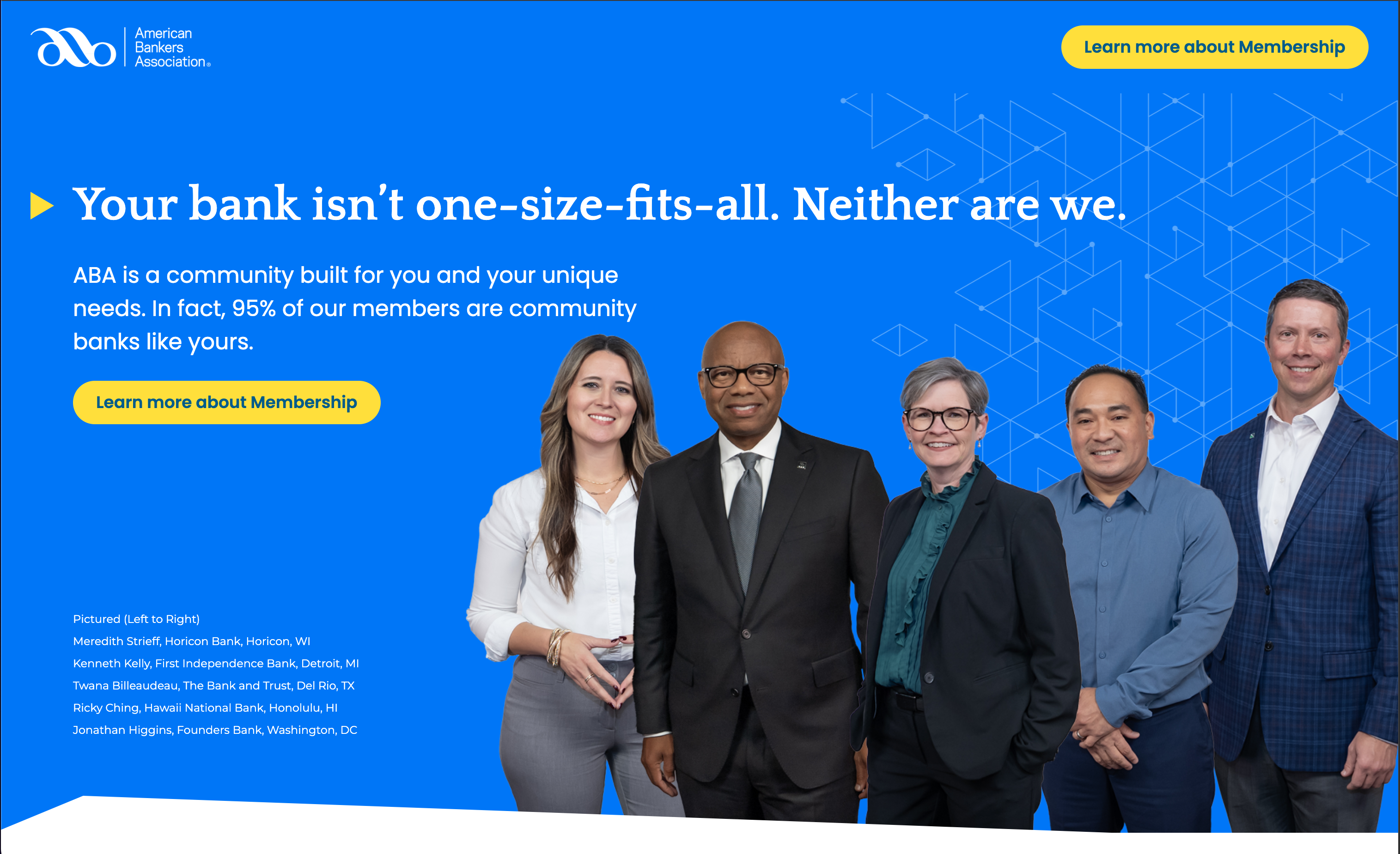 ABA membership landing page hero: 'Your bank isn't one-size-fits-all. Neither are we.' on a blue background with five community bankers and a Learn more about Membership button.