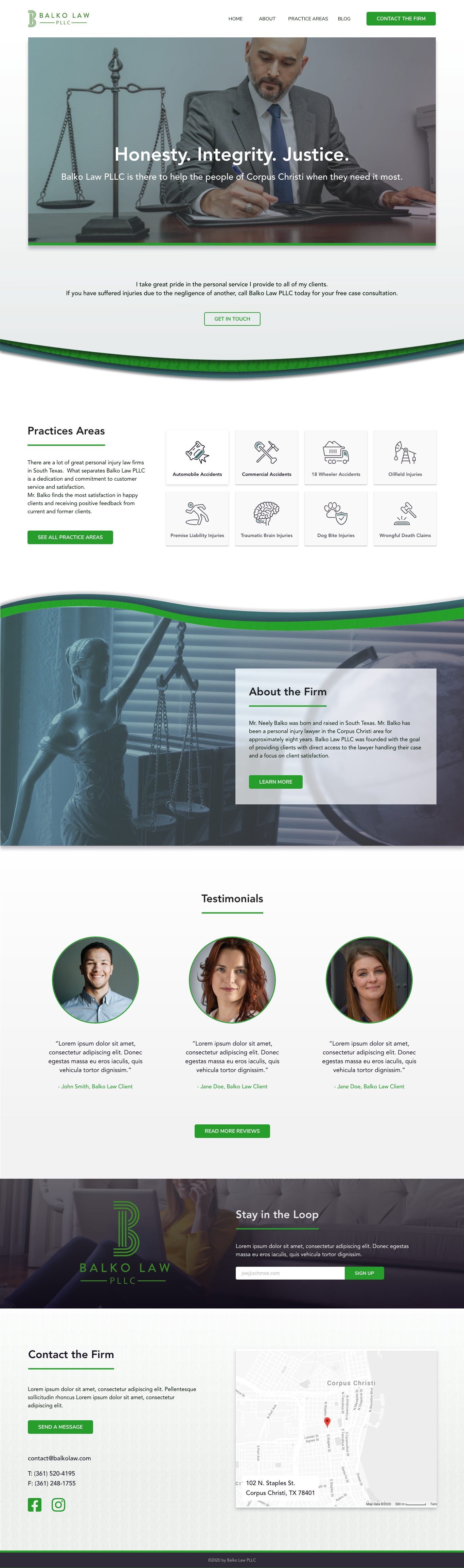 Balko Law PLLC home page design with a green and charcoal palette, hero photograph of an attorney at his desk, practice area icon grid, and testimonials.
