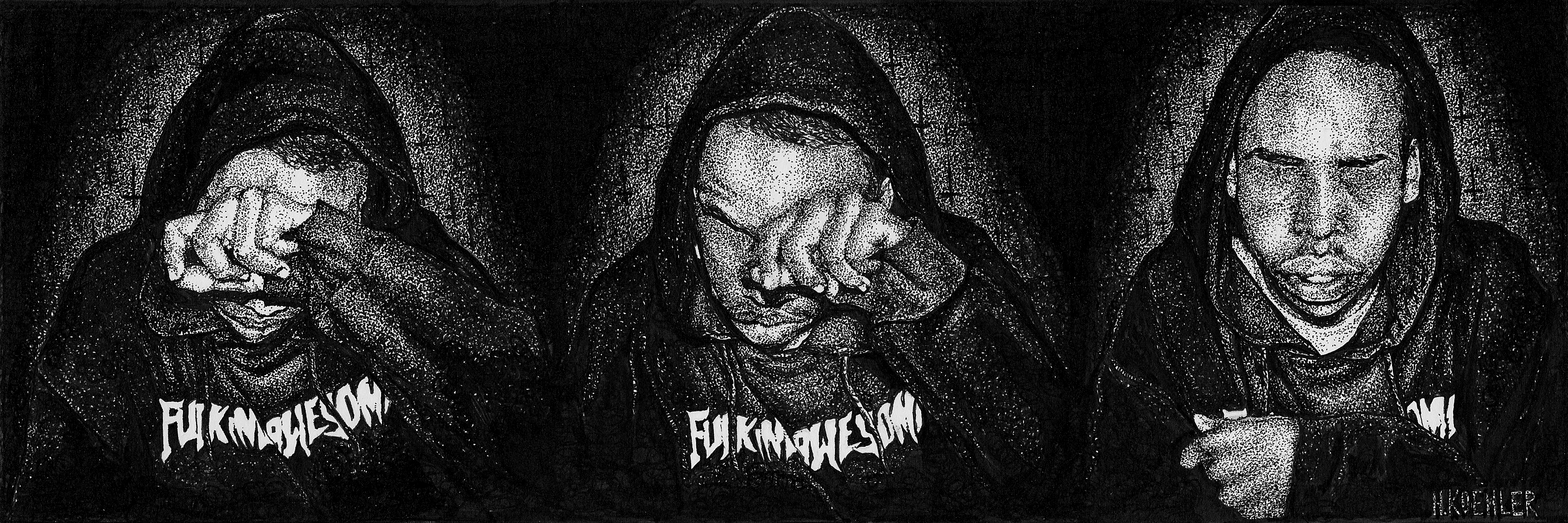 Three-panel ink illustration of a hooded figure.