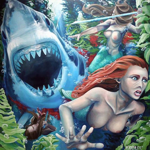 Pursuit of the Sea Maidens — acrylic painting of mermaids and a shark.