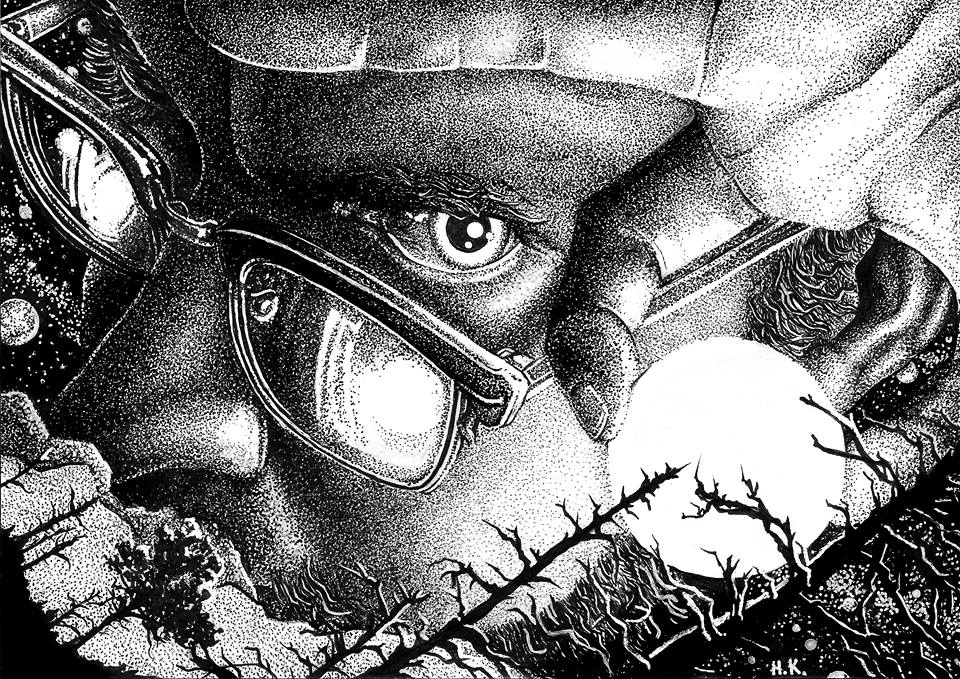 Ink stippling portrait of a figure in glasses surrounded by natural forms.
