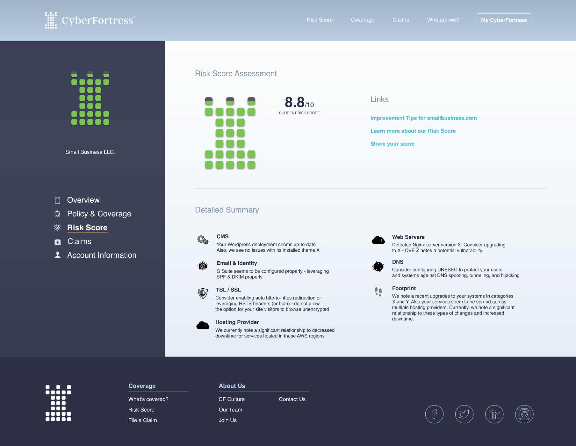 CyberFortress dashboard showing a sidebar with Overview, Policy & Coverage, Risk Score, Claims, and Account Information, a current risk score of 8.8 out of 10, and a detailed summary of CMS, email, TLS/SSL, hosting, web server, DNS, and footprint findings.