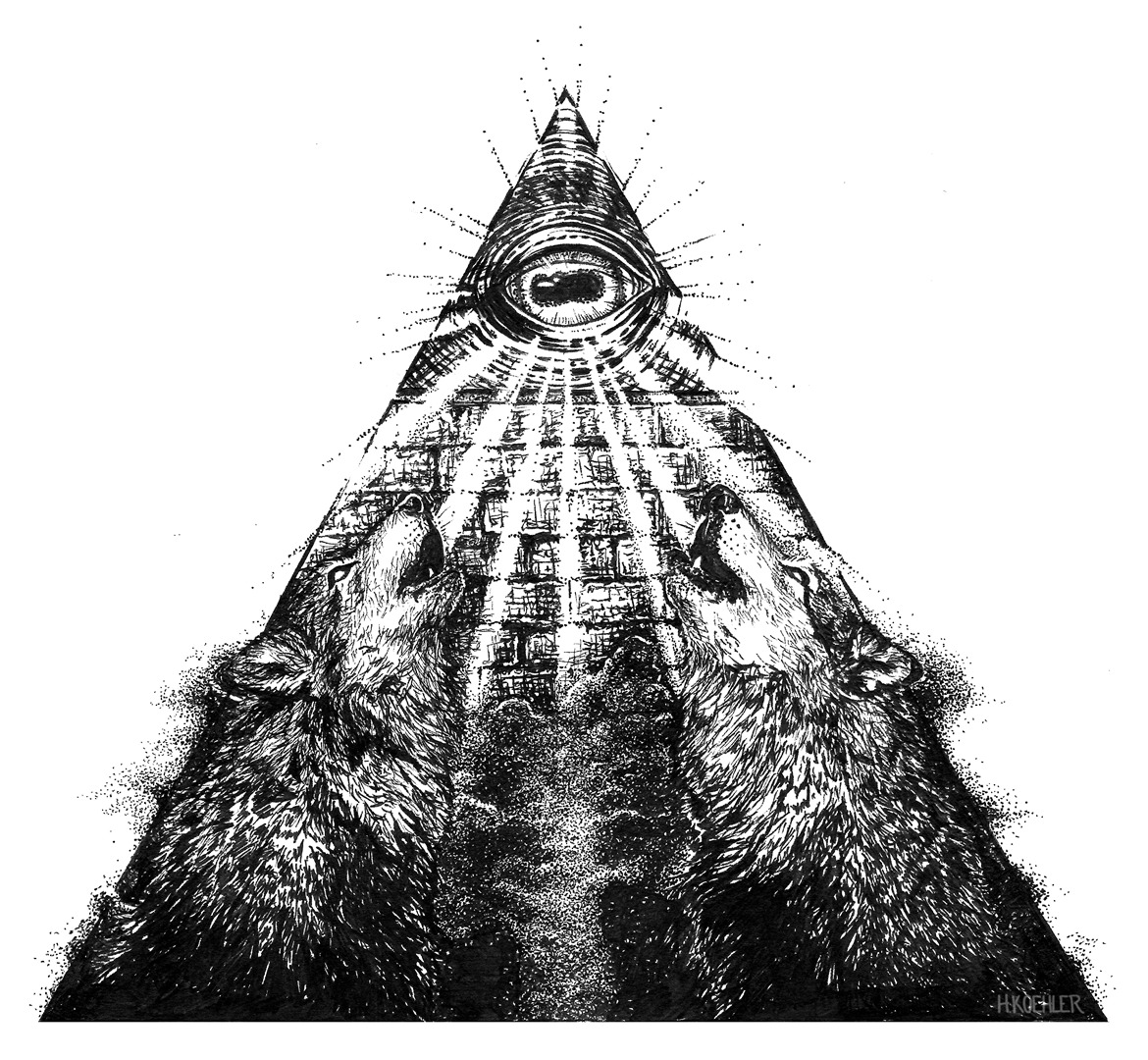 Ink illustration of two wolves beneath a pyramid and eye.