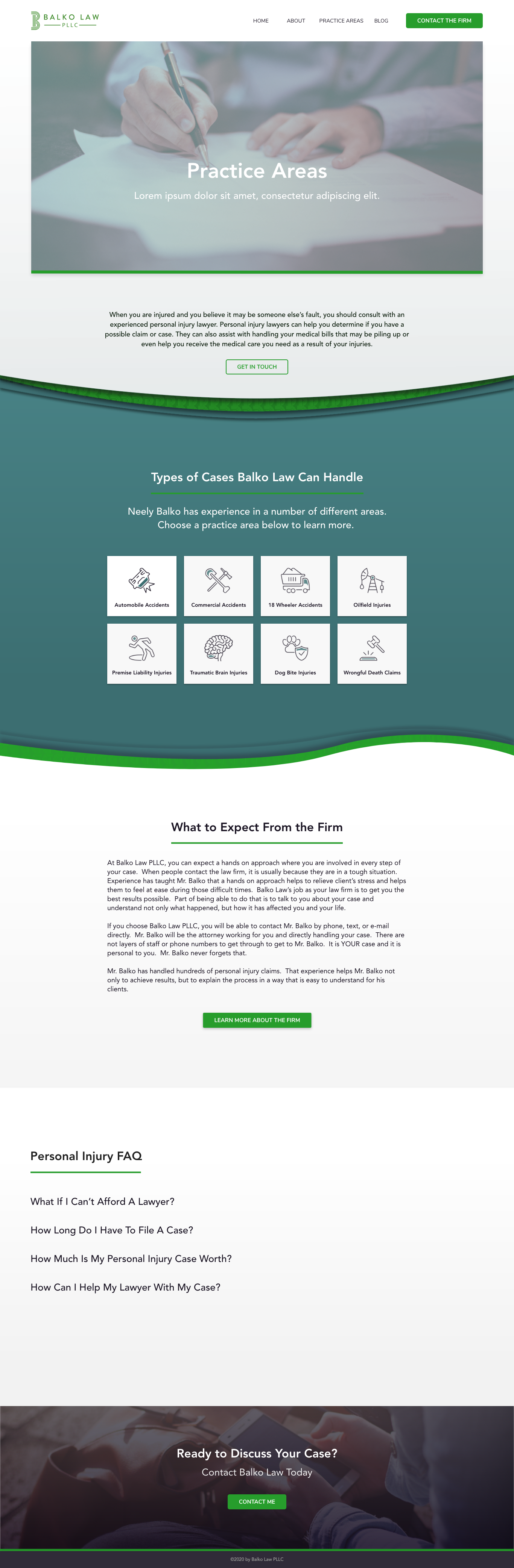 Balko Law PLLC practice areas page design with case-type icon grid, what to expect copy, and a personal injury FAQ.
