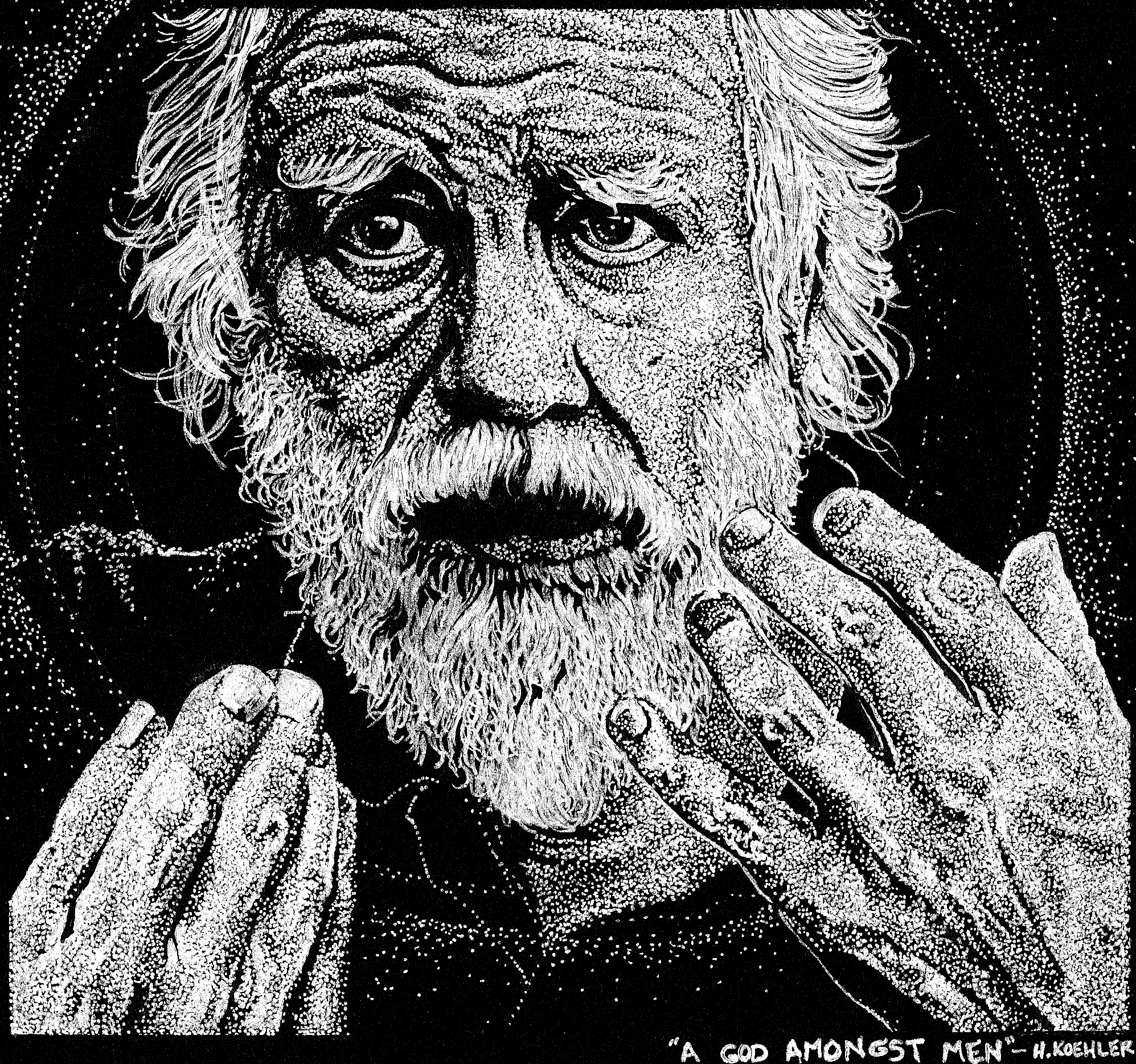 White ink portrait of an older bearded man on black paper.