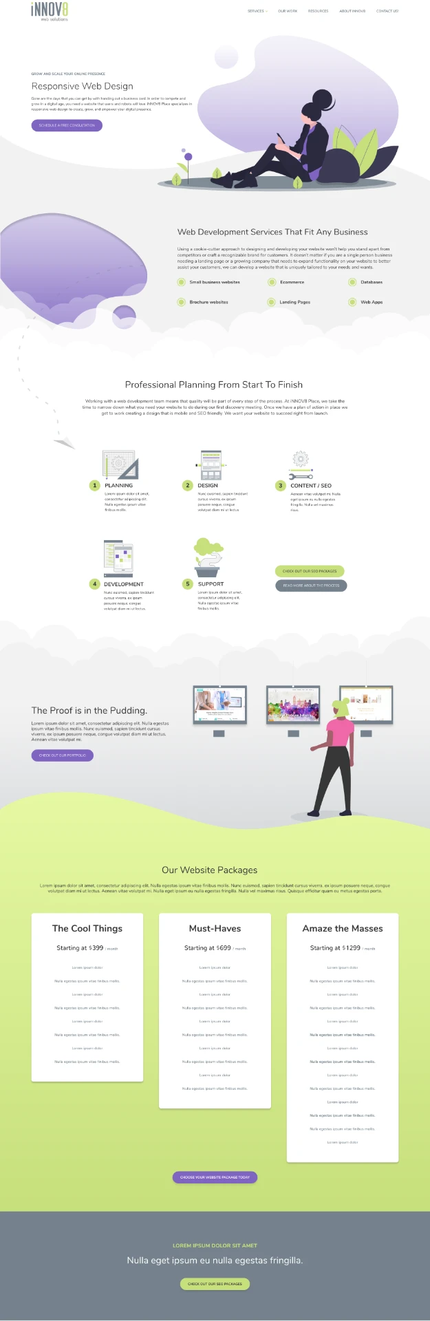 Full responsive web design marketing page for iNNOV8 Web Solutions, showing the hero, services, process steps, pricing packages, and footer.