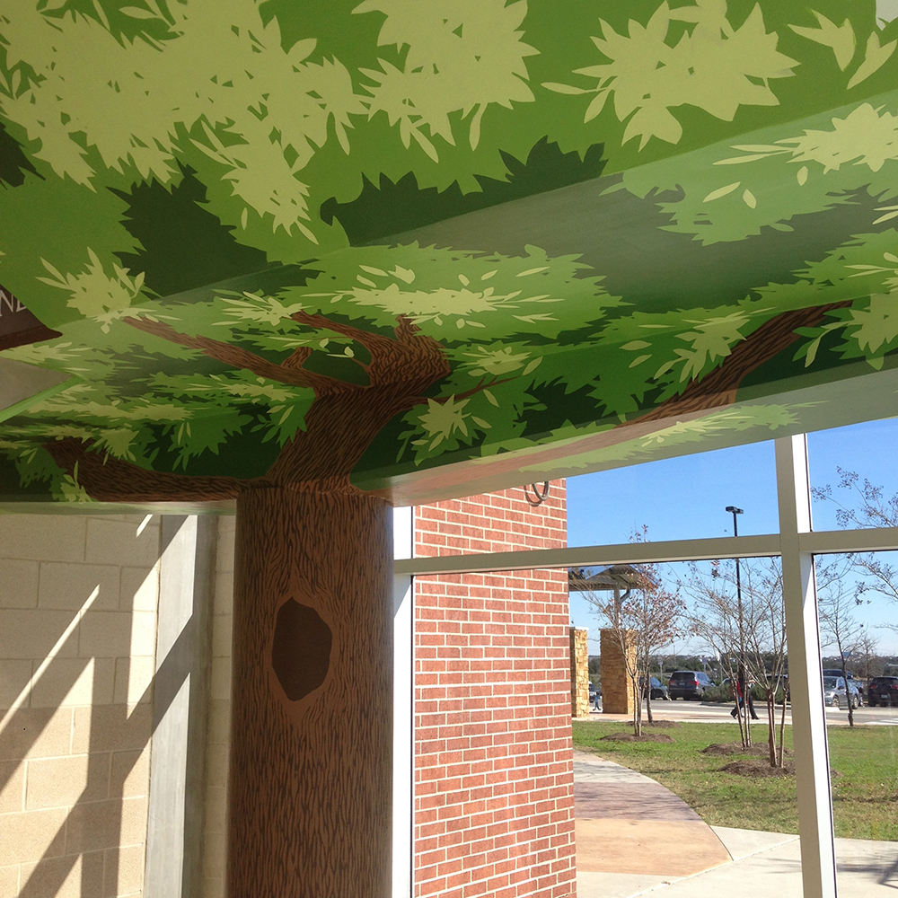 Detail of the painted tree canopy across the ceiling.
