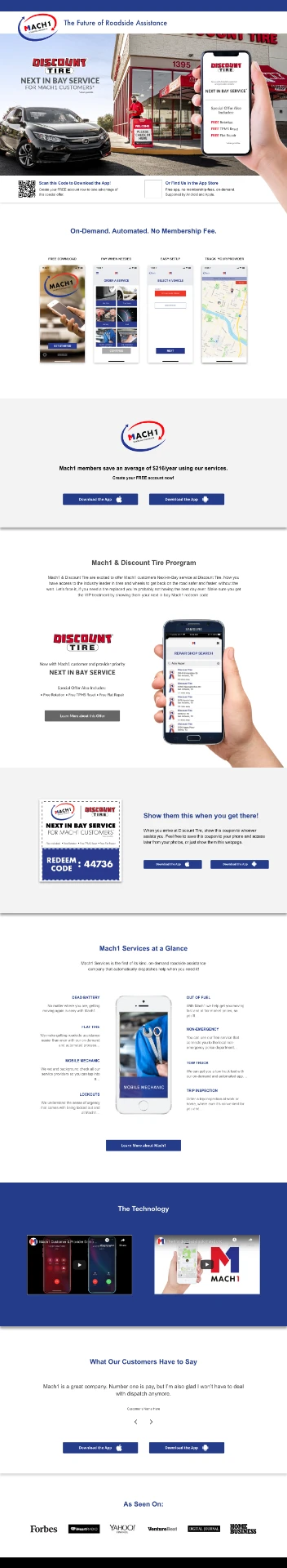 Full Mach1 roadside assistance landing page showing the Discount Tire next-in-bay service offer, app download paths, service modules, and customer testimonials.