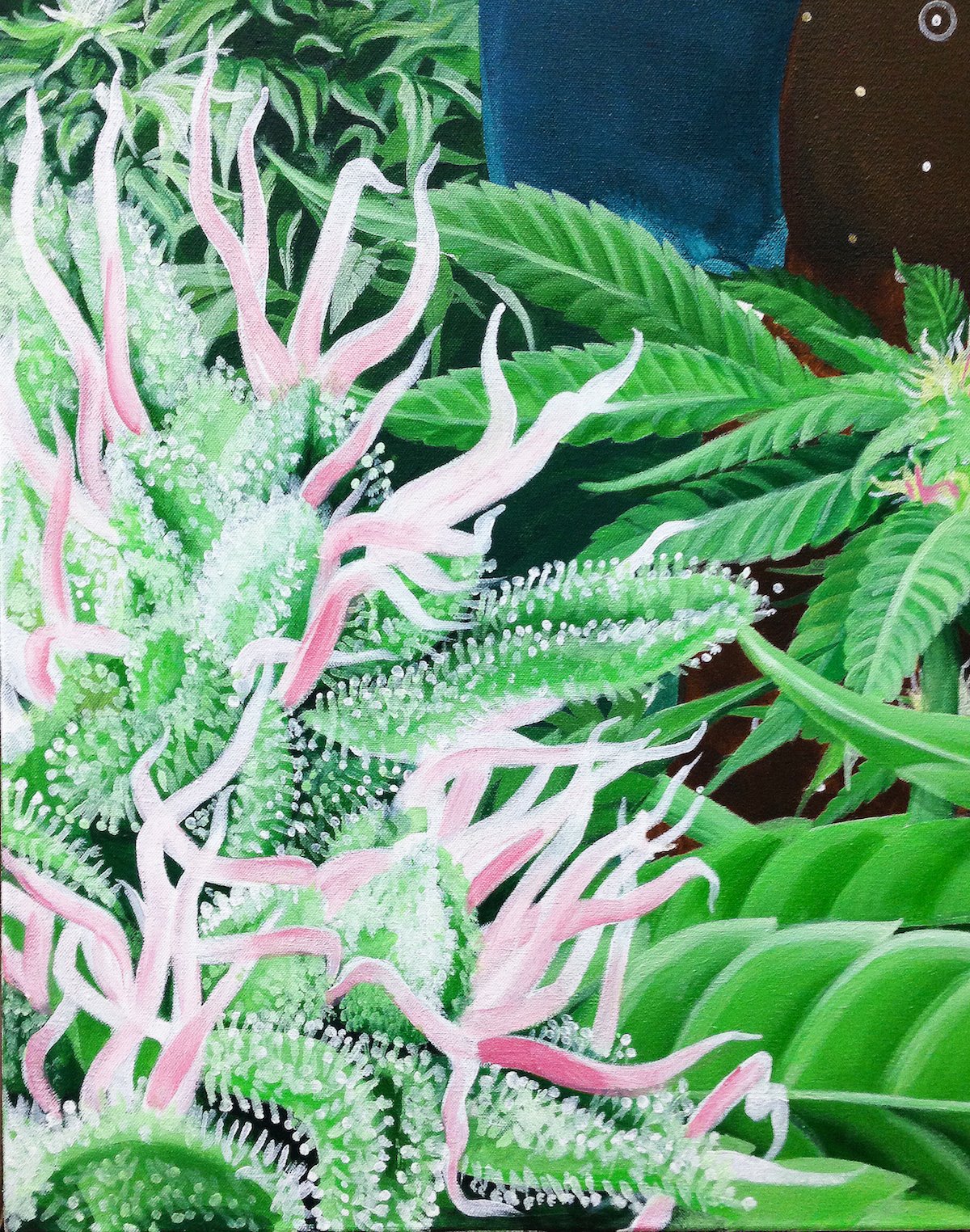 Close detail of a painted flowering bud with pink pistils.